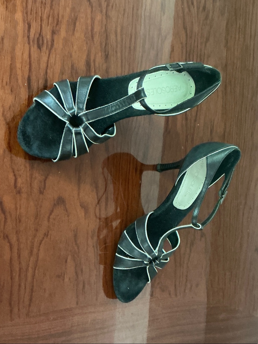 AEROSOLES Black Heeled T‑Strap Dress Sandals with Silver Piping